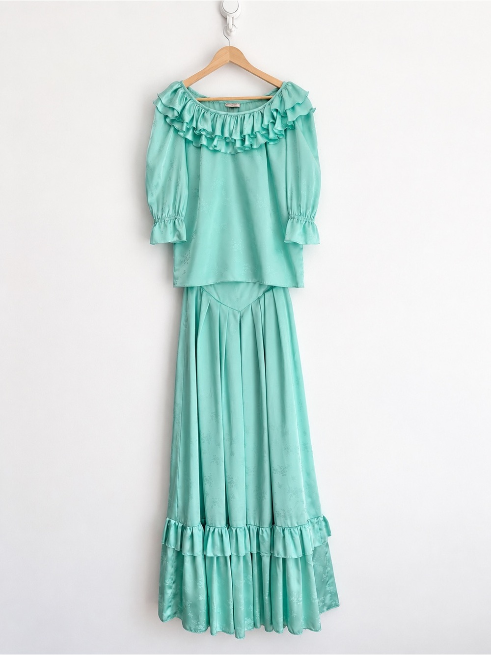 Vintage 1970s Brenda Caiger Seafoam Basque Waist Disco Prairiecore 2 PC Set XS